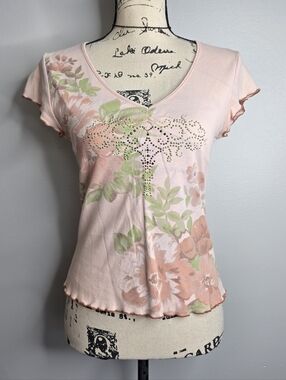 Vintage FANG GLAM Y2K Floral Rhinestone Baby Tee - Pink Fairycore Grunge L